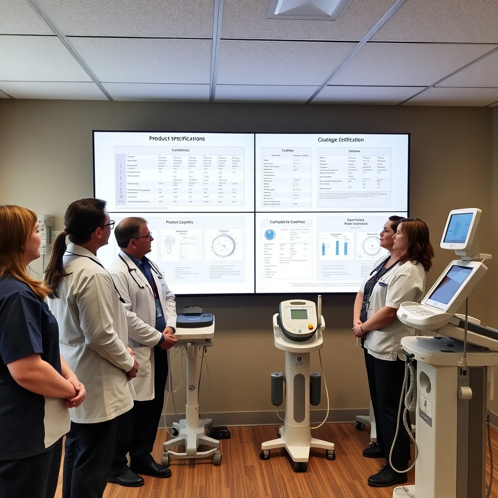 A team of healthcare professionals in a rehabilitation center reviewing product specifications and certifications of physical therapy equipment, with detailed charts and documentation displayed on a large screen alongside high-quality medical devices.