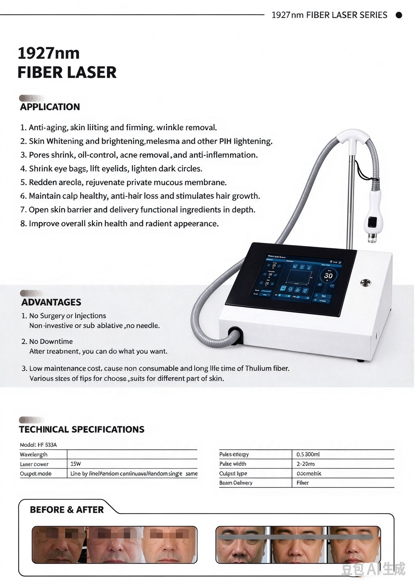Thulium Laser 1927nm High Efficiency Fractional Laser for Acne Removal