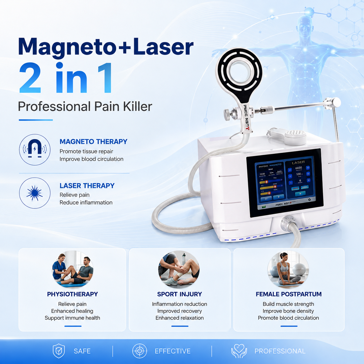 Professional Design Muscle Relaxation Adjustable Output PEMF+Laser 2in1 Machine for Clinic